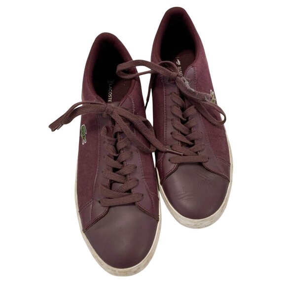 Lacoste Mens 10 LeRond Burgundy Tan Flat Sneaker Shoes Lace Tie Up Low Top - Picture 2 of 4
